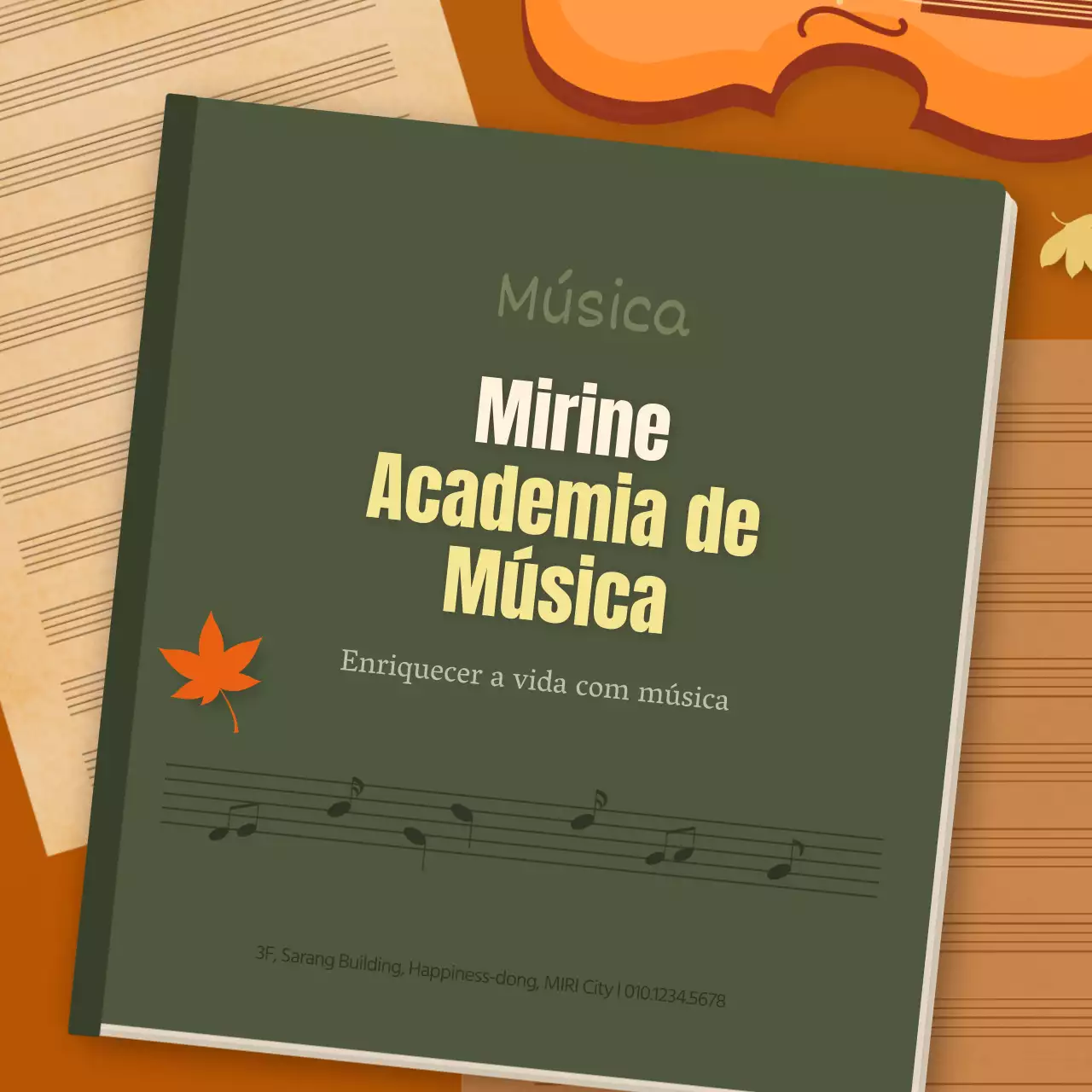 Promoção de uma academia de música com um conceito de livro de outono em laranja e castanho