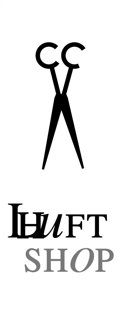 Ein klassisch anmutendes Ladenschild mit weißem und schwarzem Text für einen Friseursalon und einer Scherenillustration.