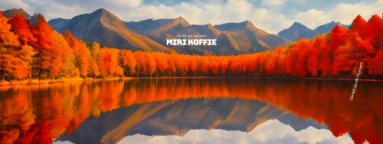 Een café met herfstachtige sfeer met felrode esdoorns en een achtergrond van een meer