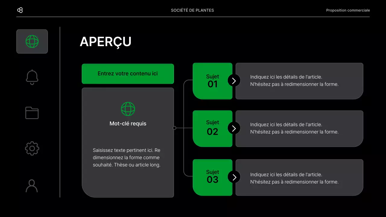 Proposition d'affaires pour une entreprise avec un concept de feuilles naturelles noires et vertes