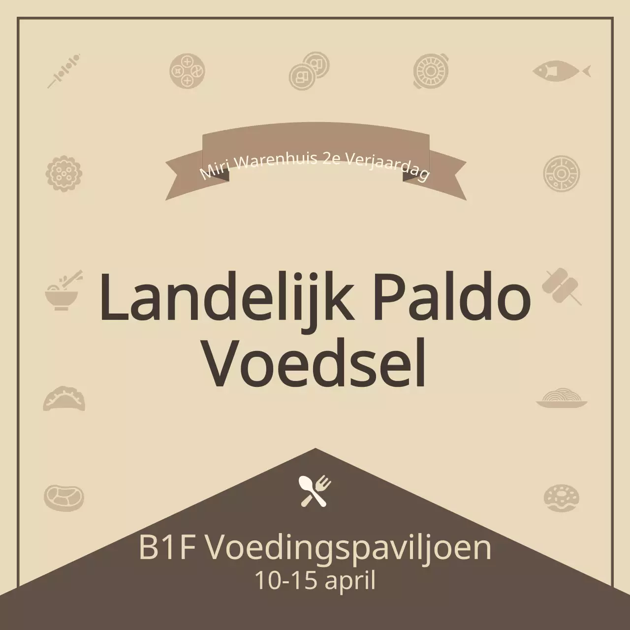 Een rustgevend concept met verschillende voedselpictogrammen in beige en bruin om je door de voedseltentoonstelling te leiden.