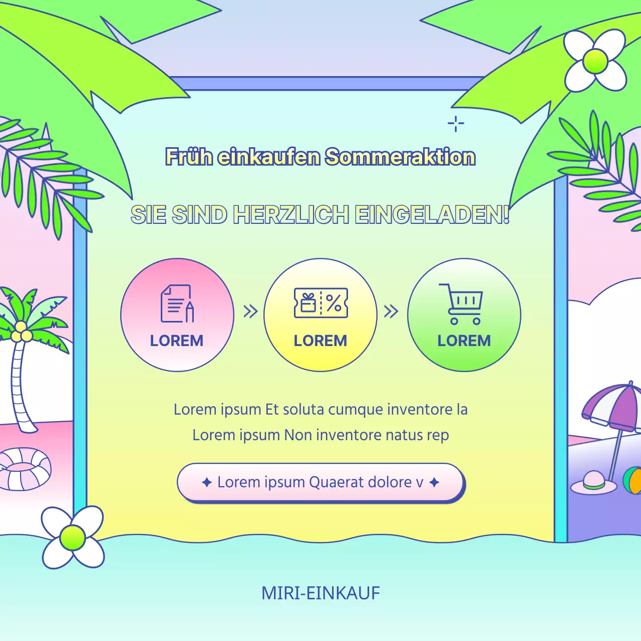 Tropisch gelbe und hellblaue Ankündigung der Sommerpromotion im Einkaufszentrum