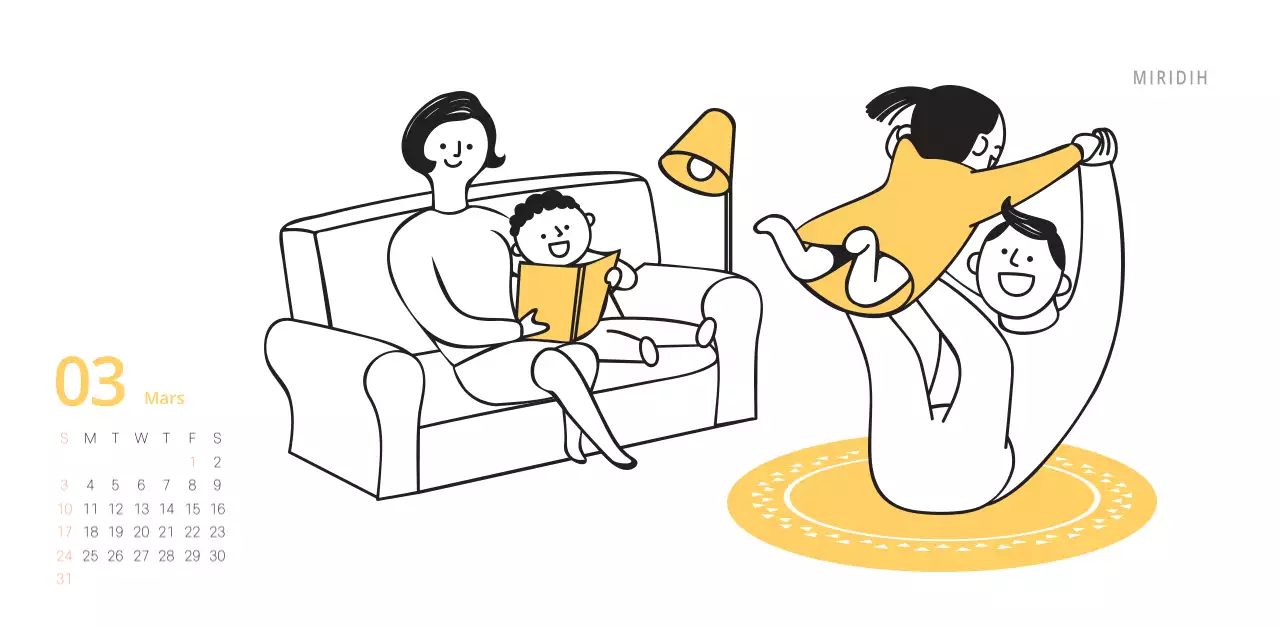 Calendrier de bureau illustré vert sur le thème de la famille