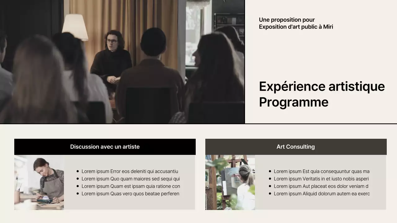 Proposition d'exposition avec des accents de grille beige-noir