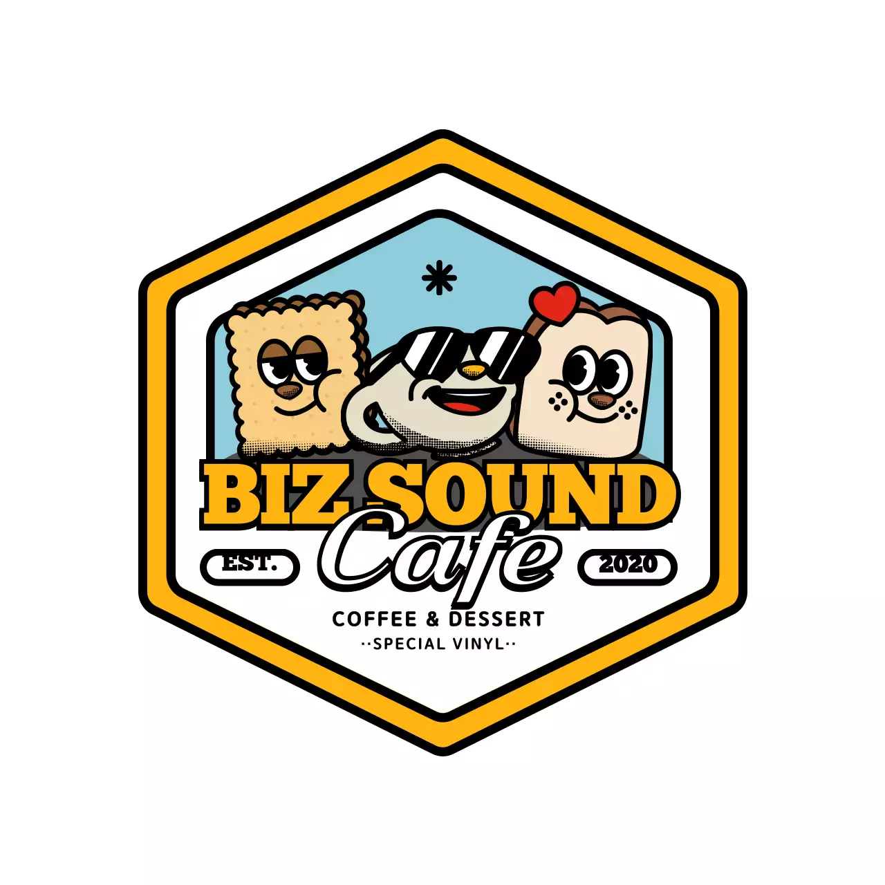 黄色と黒のキュートでヒップなキャラクターロゴスタイルのカフェグッズシリーズ