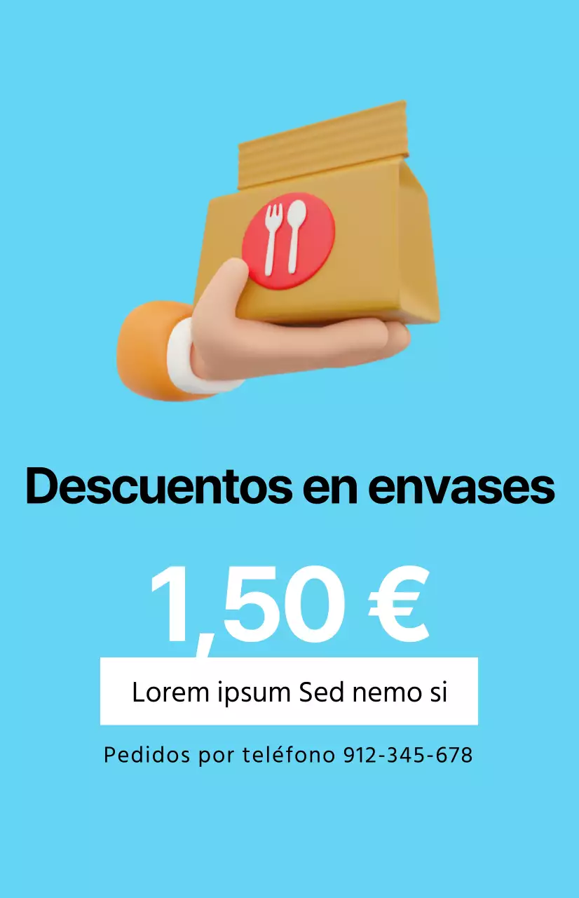 Una promoción de descuento limpia con una imagen de comida para llevar sobre un fondo azul claro.