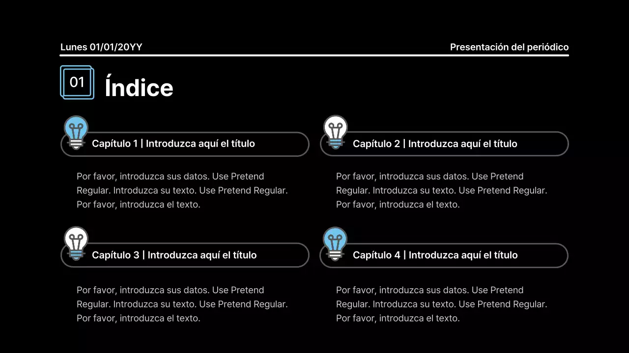 Presentación llamativa con líneas atrevidas en un concepto de periódico sobre fondo negro