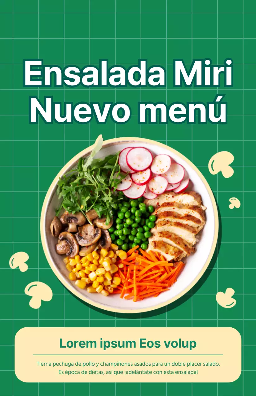 Promocione un nuevo menú de ensaladas con un fondo a cuadros verdes