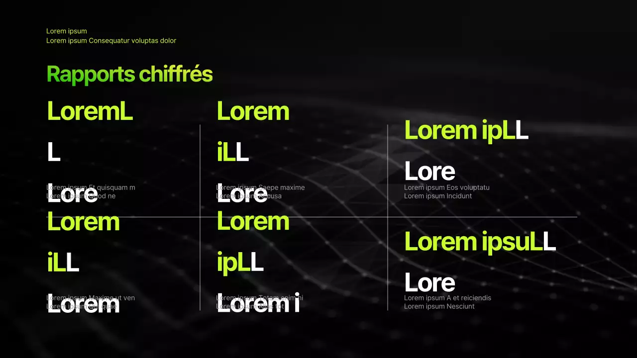 Présentation infographique d'entreprise avec un thème dégradé noir et chartreuse