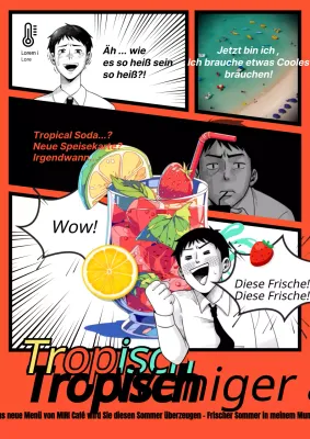 Werbung für ein neues Menü mit Gag-Sommergetränken in Rot und Schwarz