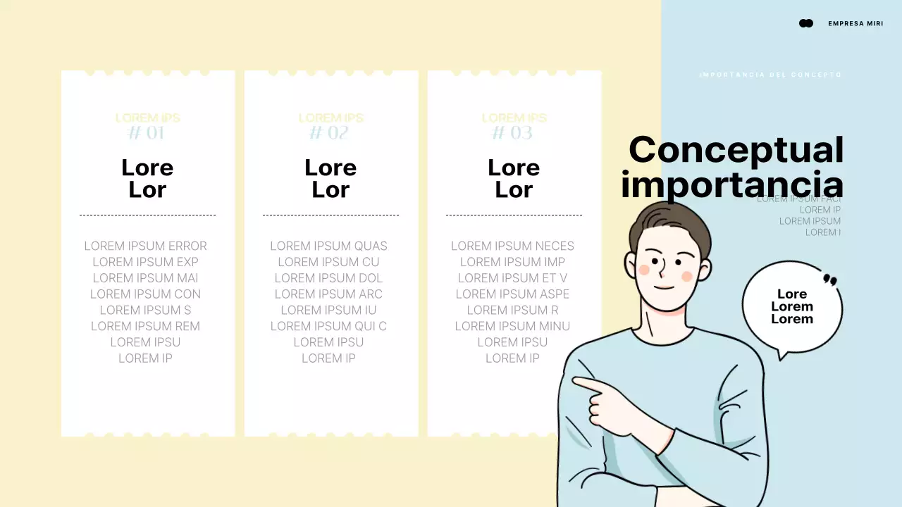 Presentación introductoria mediante un elemento humano que señala un espacio azul claro y amarillo