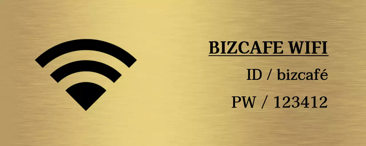 Eenvoudige bewegwijzering met zwarte wifi-informatie over de winkellocatie en eenvoudige pictogrammen