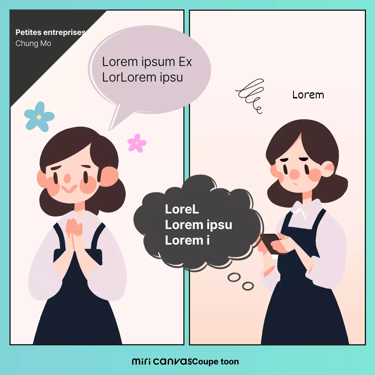 Promouvoir un pré-canvas de style webtoon avec un fond menthe et des illustrations