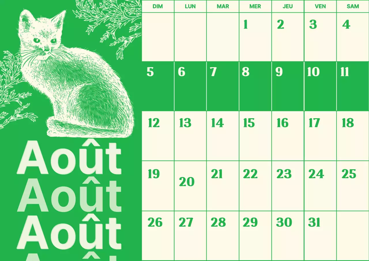 Calendrier sentimental vintage illustré sur fond vert