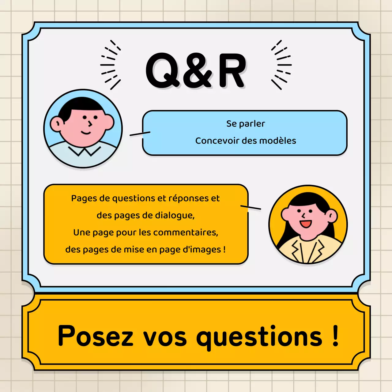 Bulles de texte bleu clair et jaune et illustration mignonne