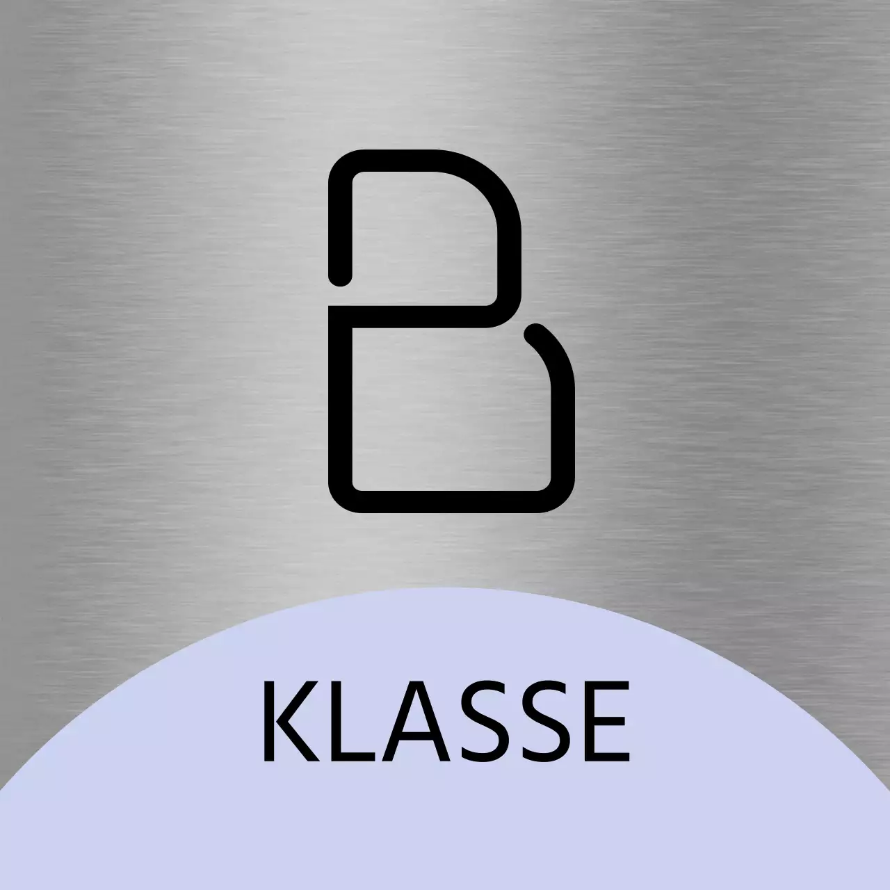 Ein Platzhalterschild mit einer hellviolett-rosa Form und schwarzen Schulklassennamen.