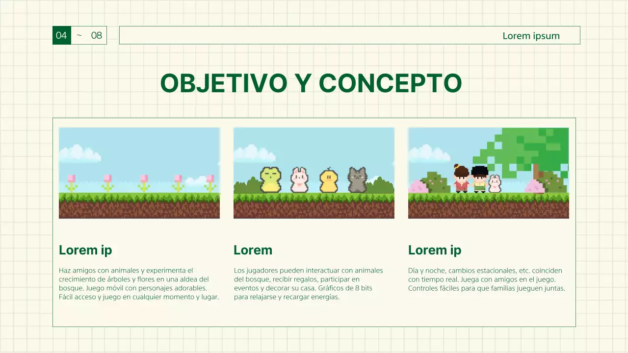 Propuesta de juego con líneas y pixel art con puntos de color verde