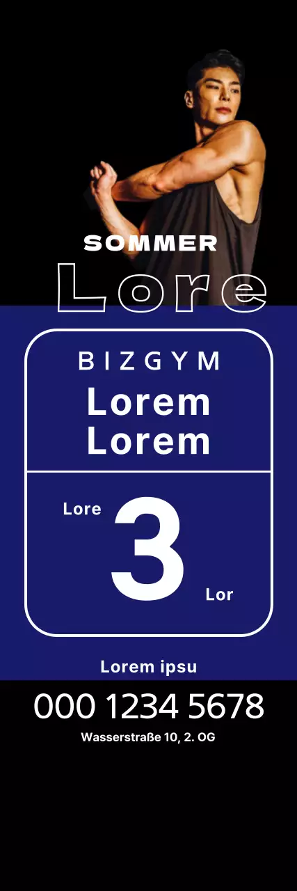 Windbanner für Sommerveranstaltungen mit blauen Quadraten und einem sportlichen Mann auf schwarzem Hintergrund