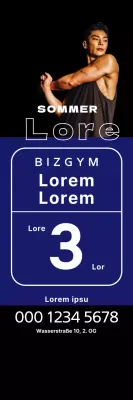 Windbanner für Sommerveranstaltungen mit blauen Quadraten und einem sportlichen Mann auf schwarzem Hintergrund