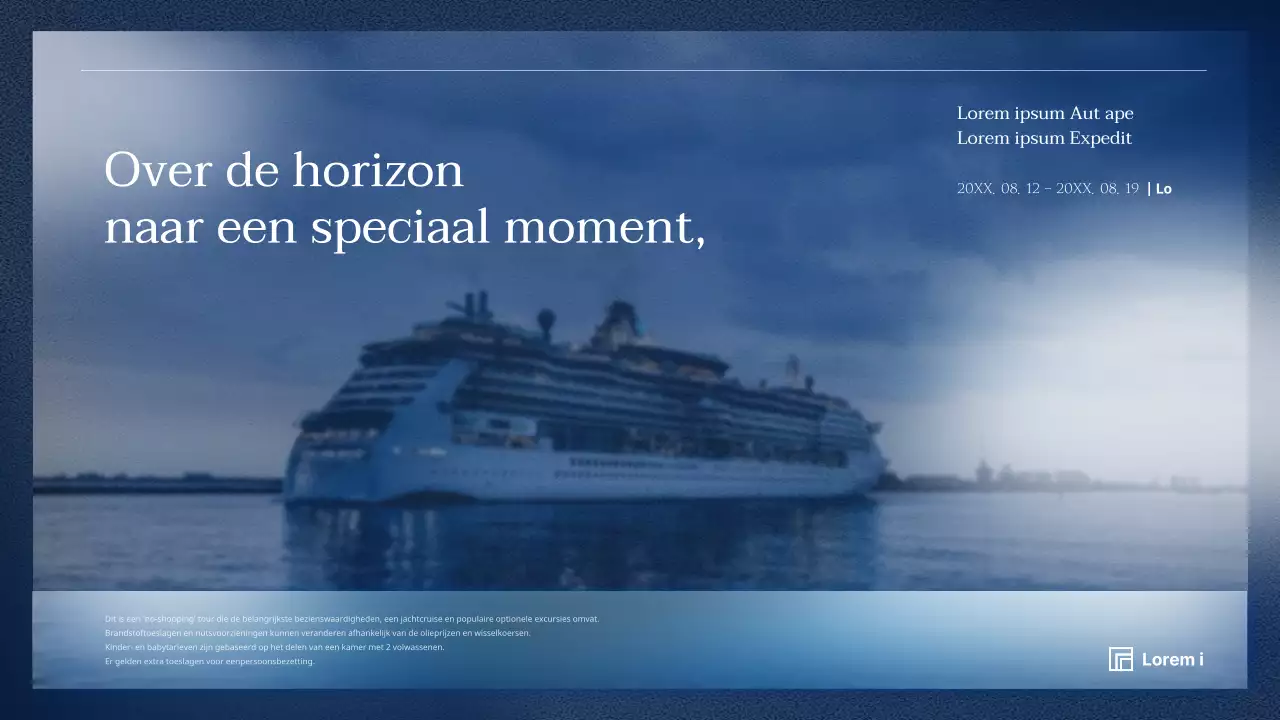 Een eenvoudig, schoon cruiseproduct met diep donkerblauw en helder wit voor een goede leesbaarheid.