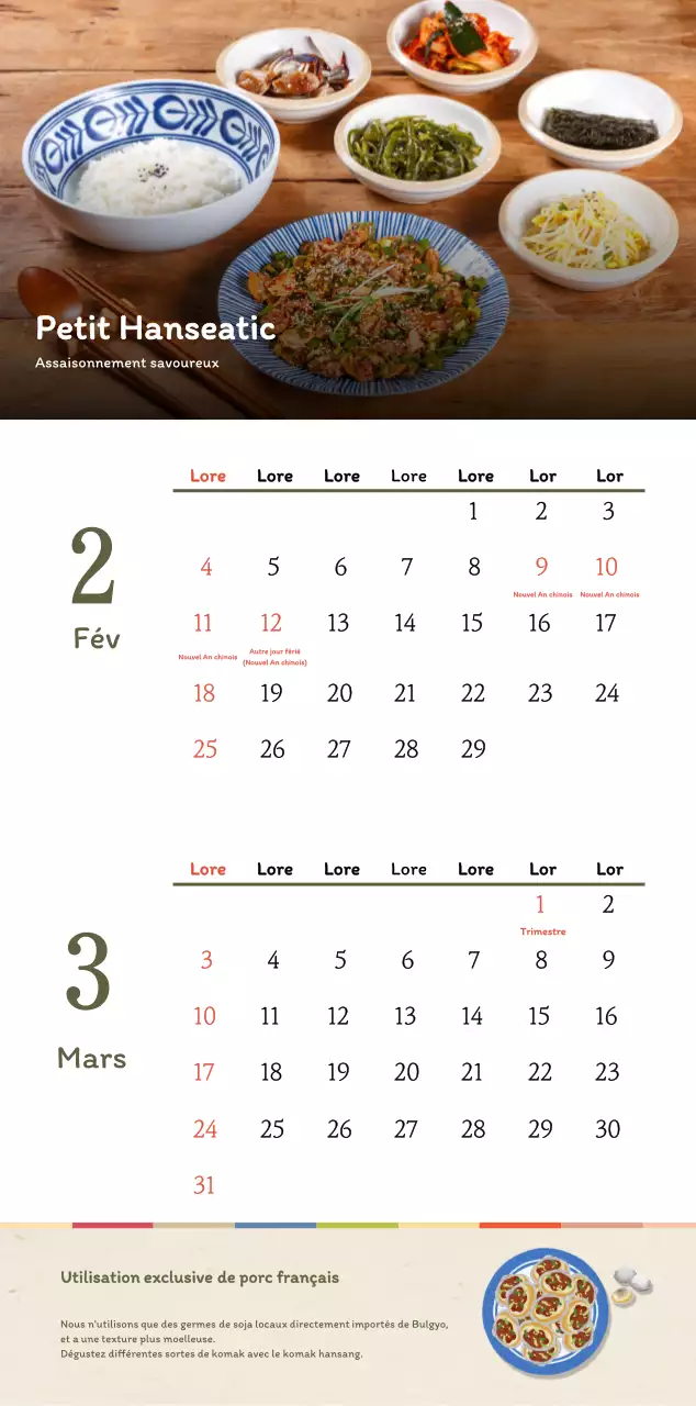 Calendrier des coupons de restaurants coréens traditionnels en beige et marron