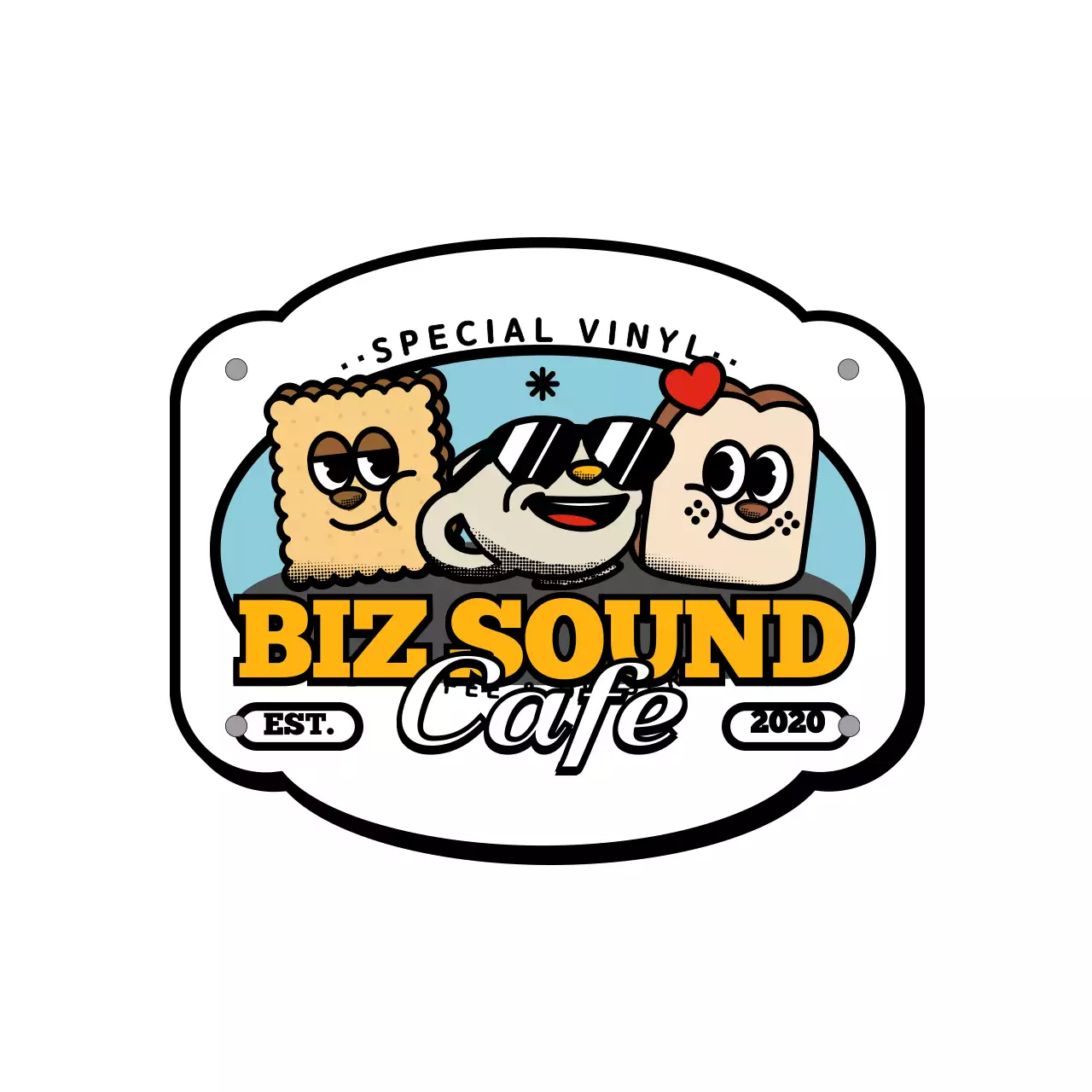 黄色と黒のキュートでヒップなキャラクターロゴスタイルのカフェグッズシリーズ