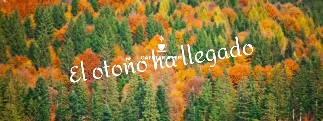 Café otoñal con acentos cursivos sobre un fondo montañoso de coloridas hojas otoñales