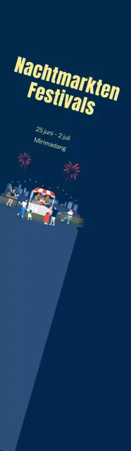 Nacht markt festival promotie groot met vuurwerk op een marineblauwe achtergrond