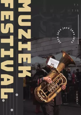 Emotioneel muziekfestivalbeeld met gele titels op zwarte achtergrond