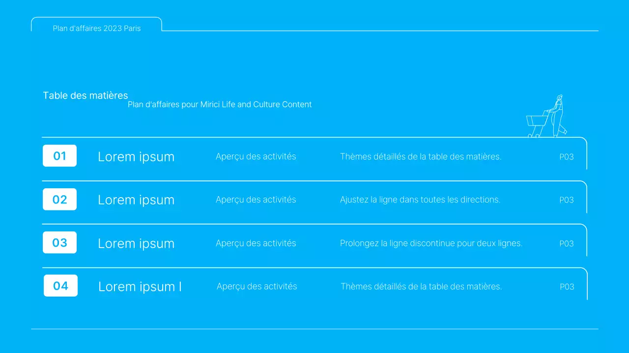 Une présentation de plan d'affaires de contenu culturel propre, en bleu et blanc