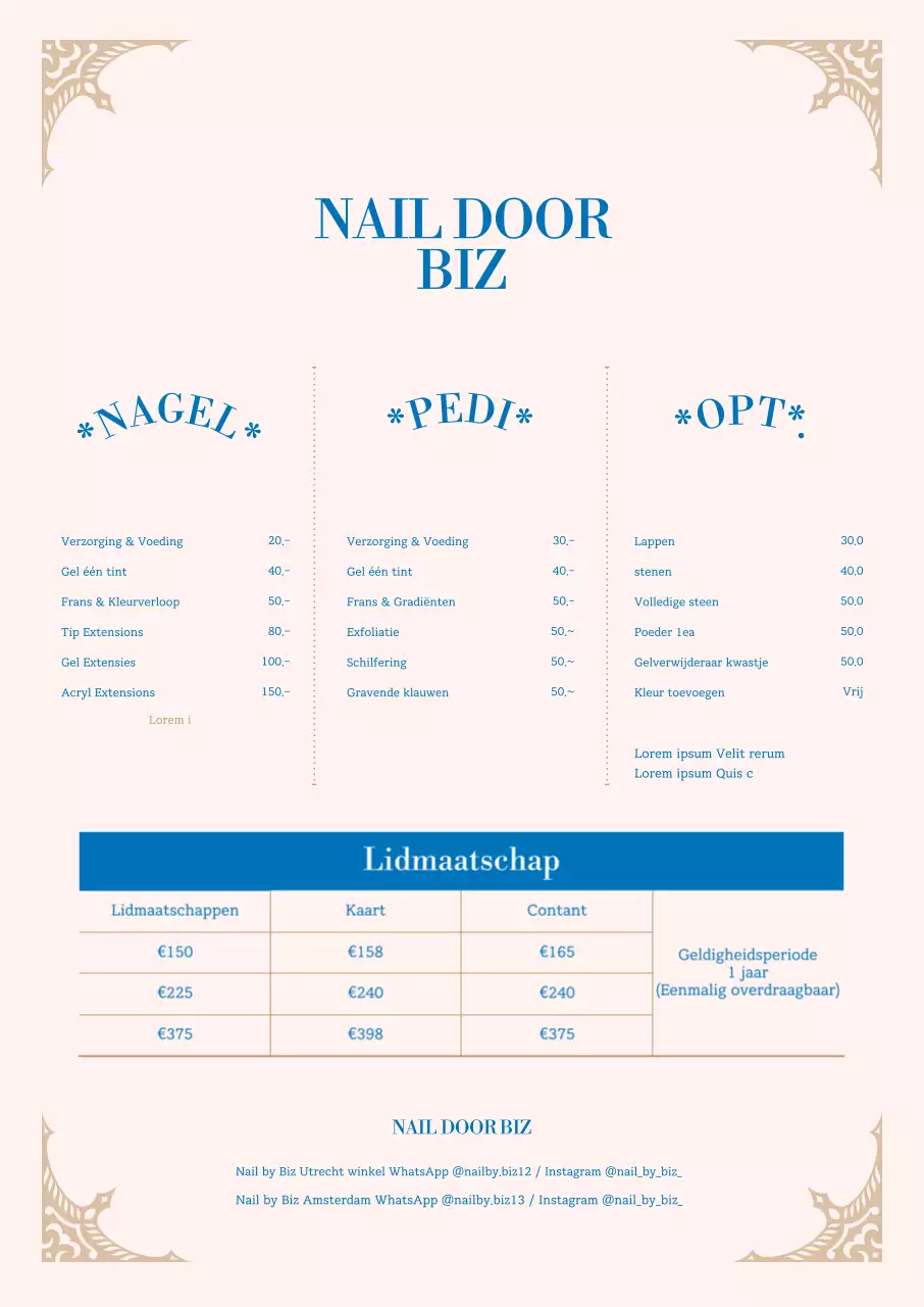 Een menubord van een nagelsalon met een stijlvolle uitstraling