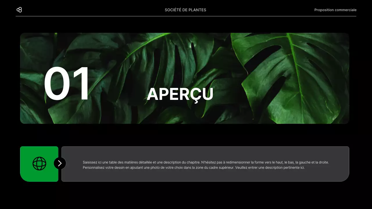 Proposition d'affaires pour une entreprise avec un concept de feuilles naturelles noires et vertes