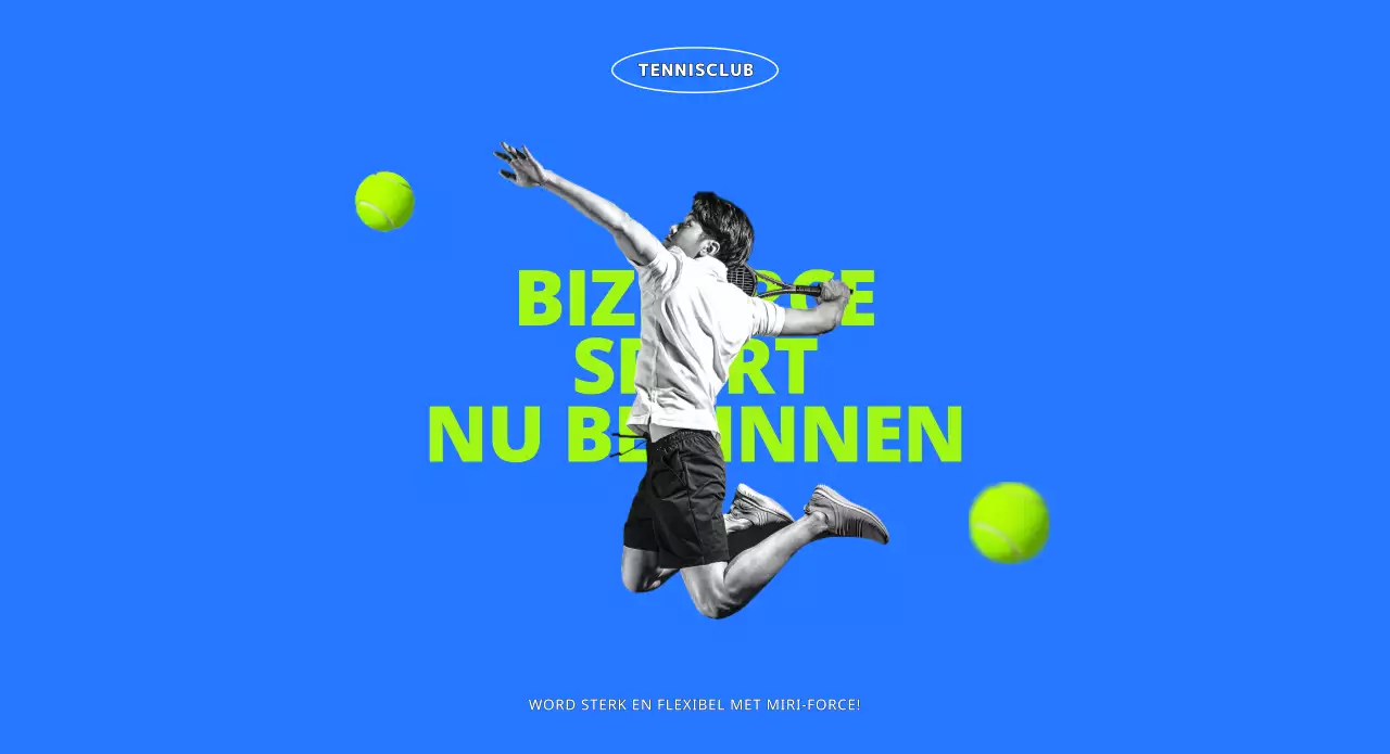 Een jonge, actieve tennisclub in blauw en chartreuse.