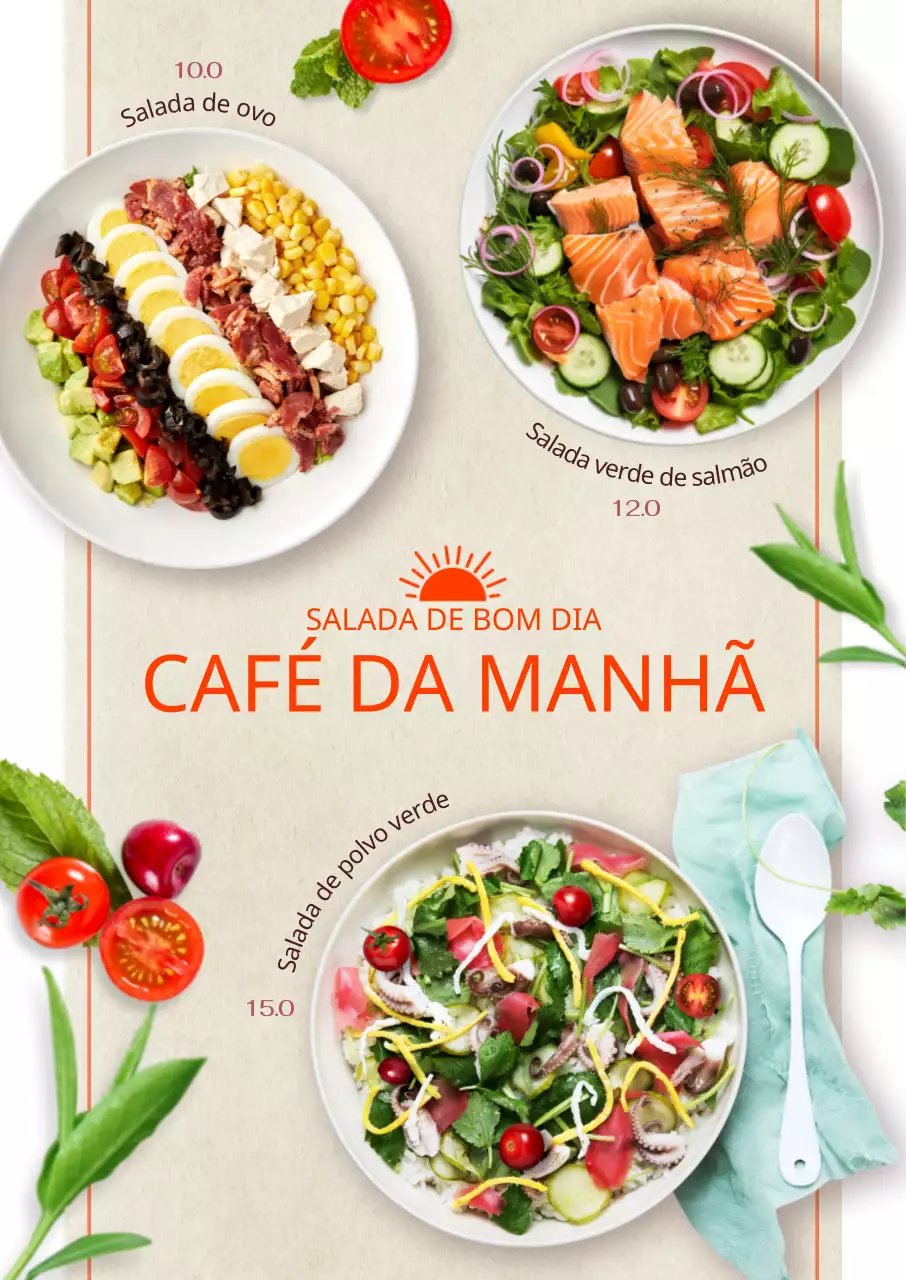 Menu de brunch saudável ilustrado com fotografias de saladas de legumes e frutas frescas e naturais