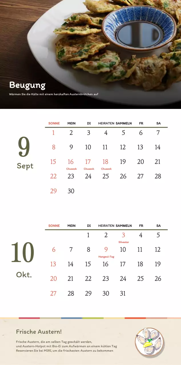 Traditioneller koreanischer Restaurantkonzept-Gutscheinkalender in Beige und Braun