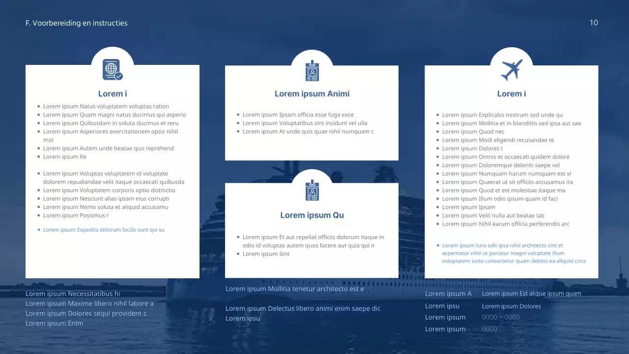 Een eenvoudig, schoon cruiseproduct met diep donkerblauw en helder wit voor een goede leesbaarheid.