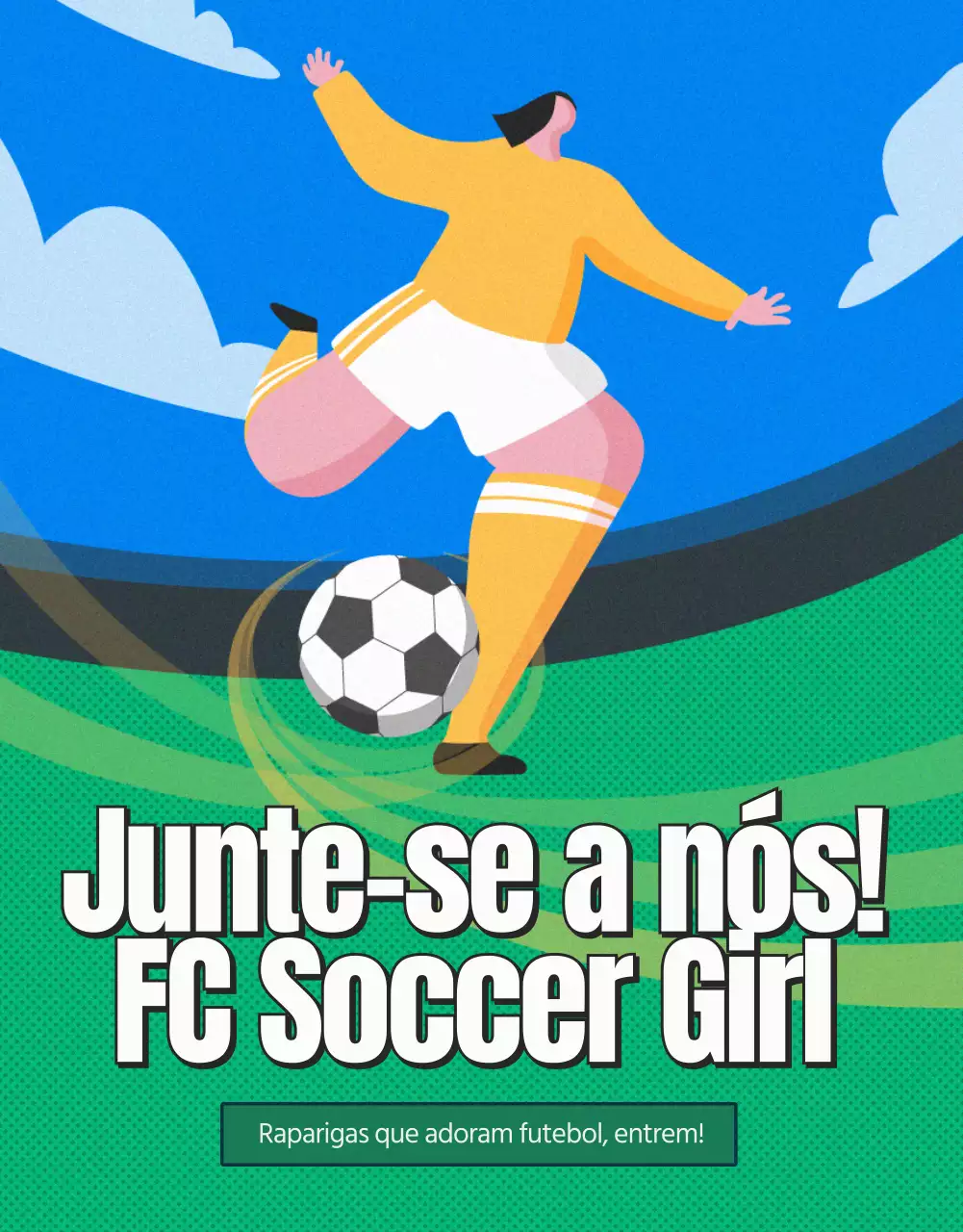 Anúncio de recrutamento de futebol feminino em verde e amarelo