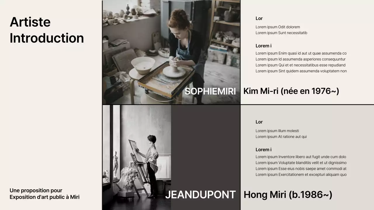 Proposition d'exposition avec des accents de grille beige-noir