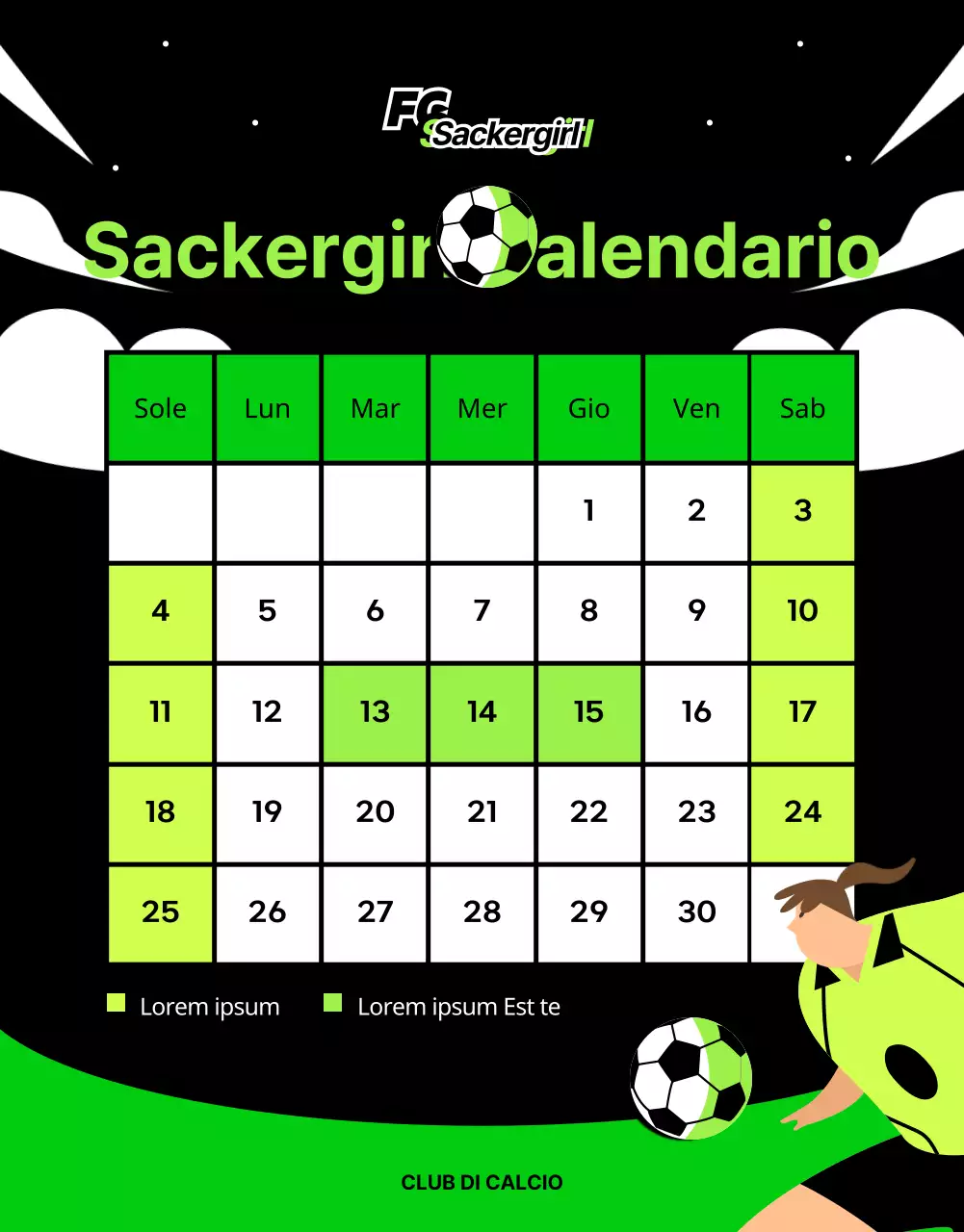 Ingaggio dinamico per il calcio femminile in verde lime e nero