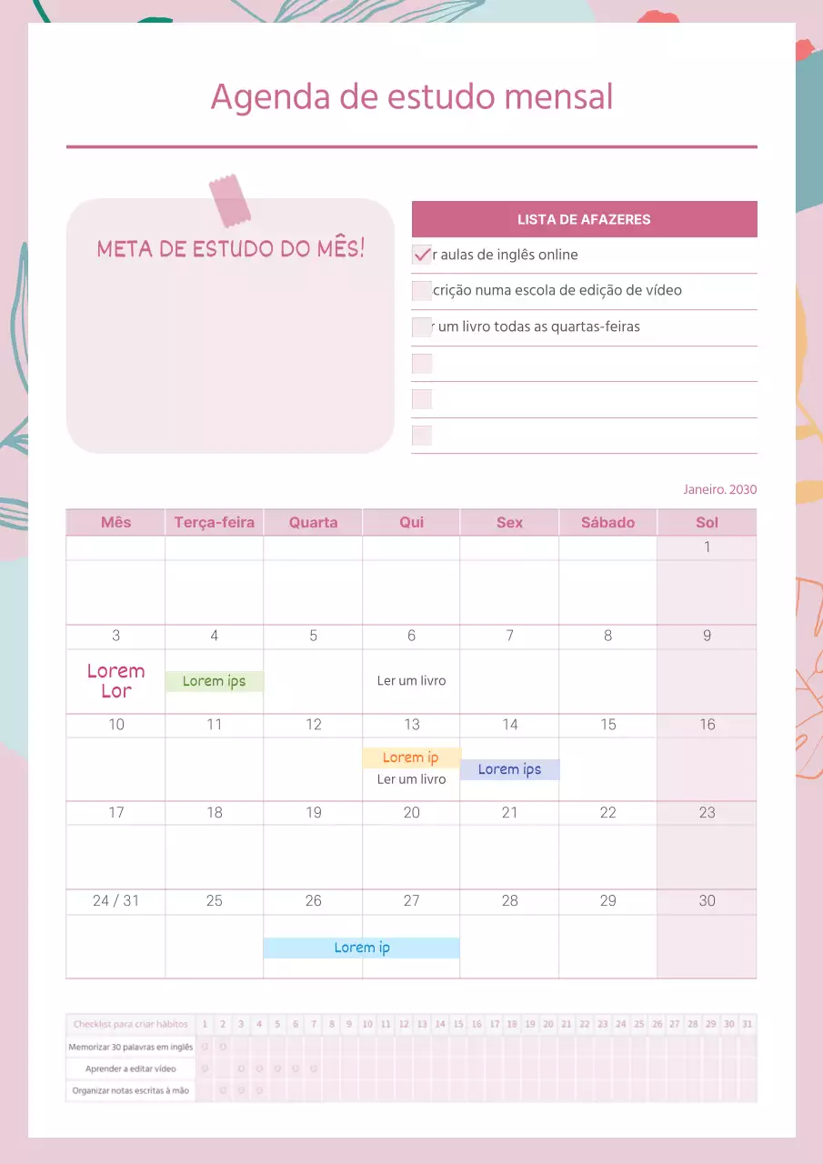 Agenda de estudo mensal em cor-de-rosa