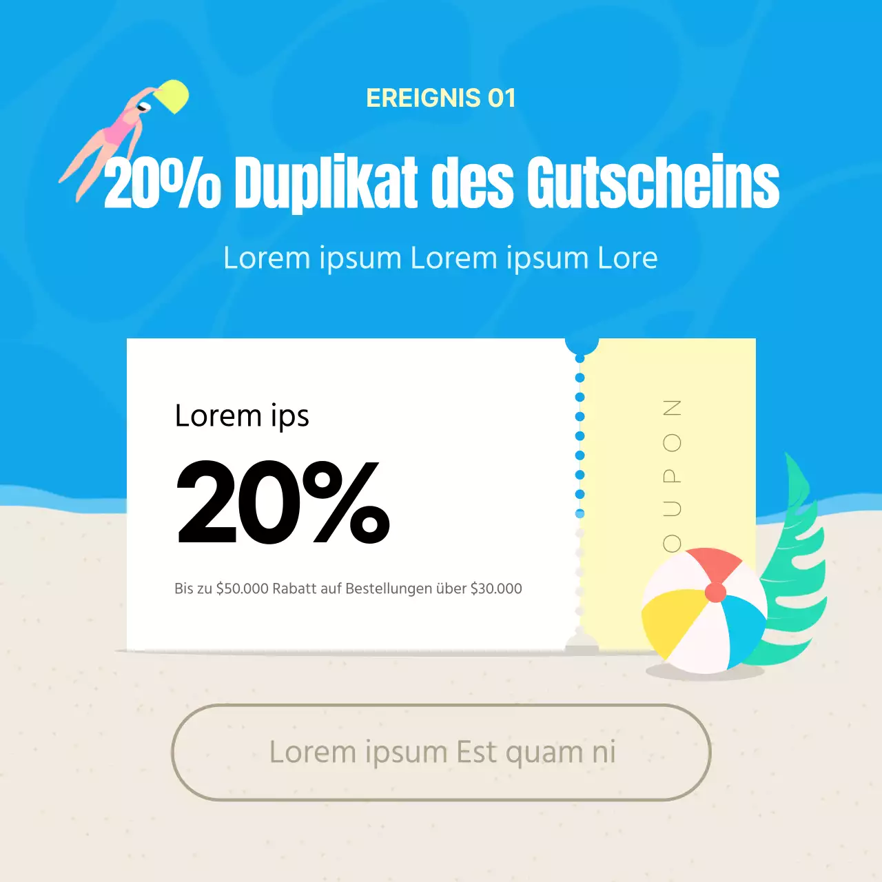 Werbung für einen tropischen Sommerschlussverkauf in Blau und Gelb