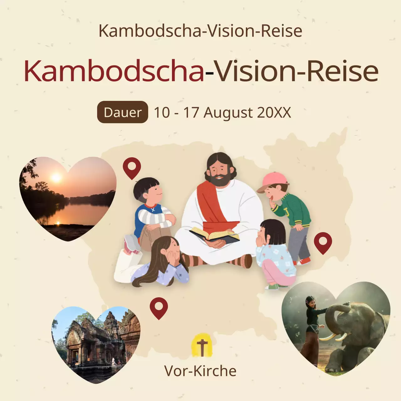 Eine warme und einladende Missionsreise mit Illustrationen von Jesus und Kindern auf einem beigen Hintergrund