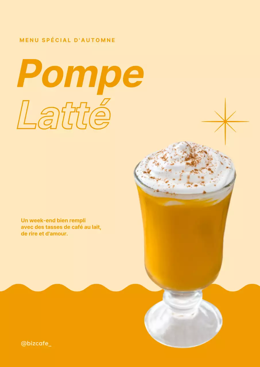 Affiche Latte avec une photo de la boisson et une police italique sur un fond ondulé