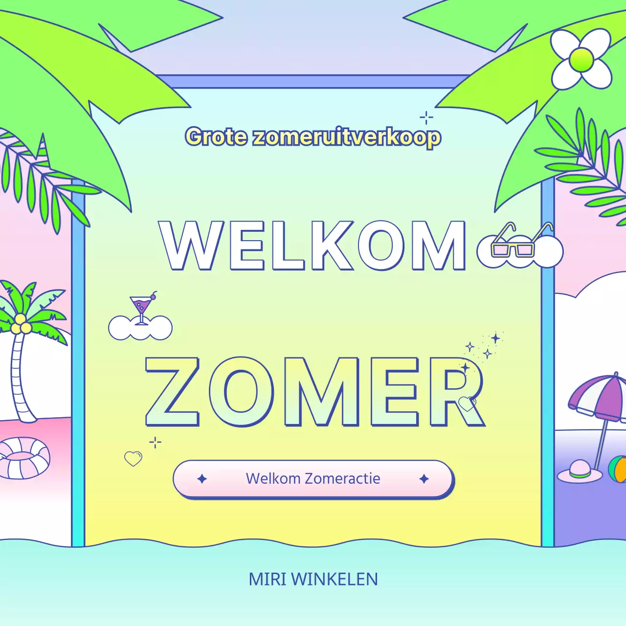 Tropisch gele en lichtblauwe zomeraankondiging voor winkelcentra