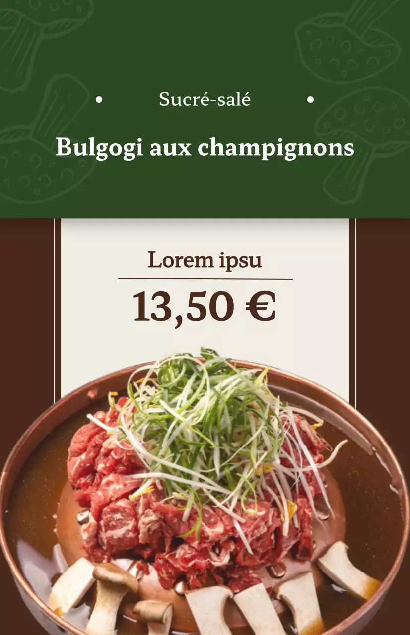 Promotion d'un restaurant avec des images de plats du menu coréen en différentes couleurs