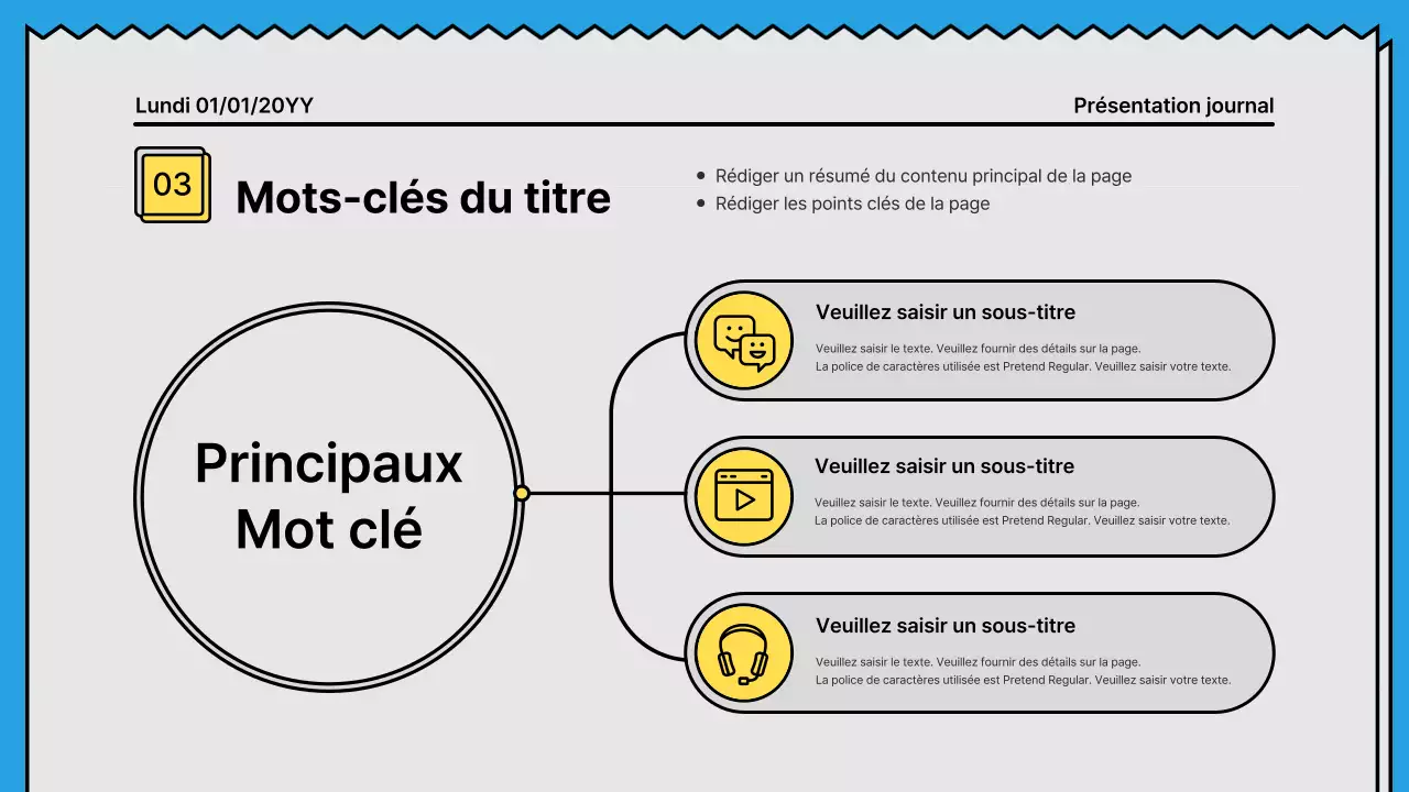 Lignes audacieuses et présentation attirant l'attention dans un concept de journal avec des couleurs d'accent jaune et bleu clair