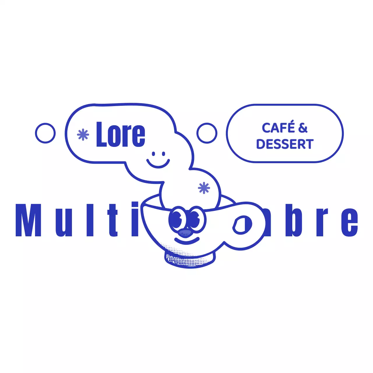 Logo d'un café bleu marine et blanc avec un personnage mignon