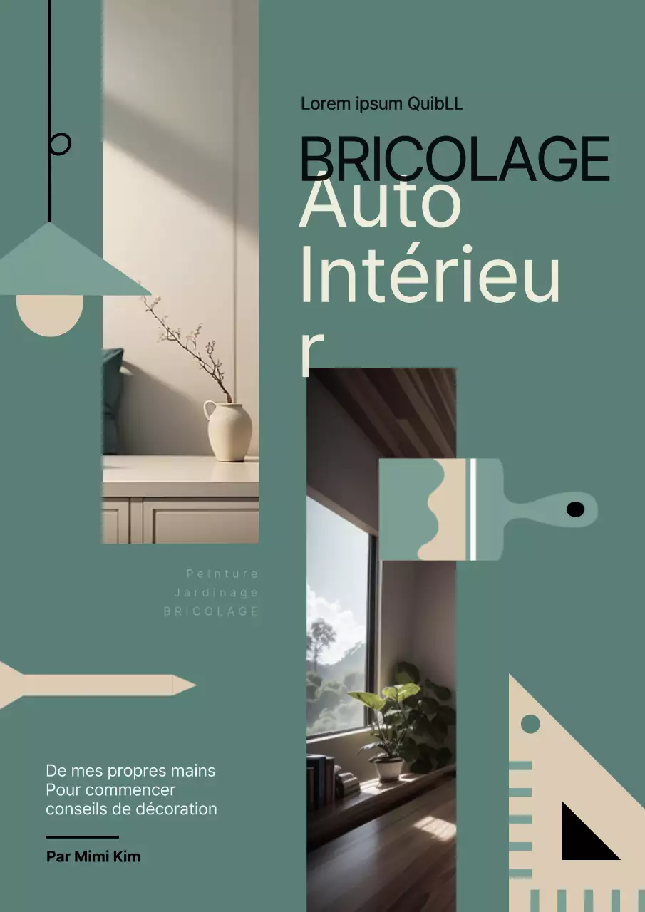 Livre intérieur avec des cadres photo verts et beiges et des illustrations d'outils d'intérieur