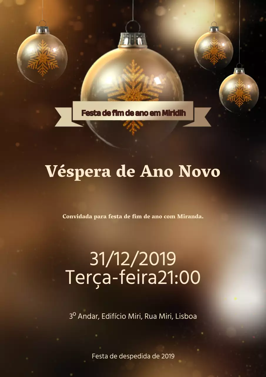 Um folheto para uma festa de fim de ano empresarial glamorosa em tons dourados.