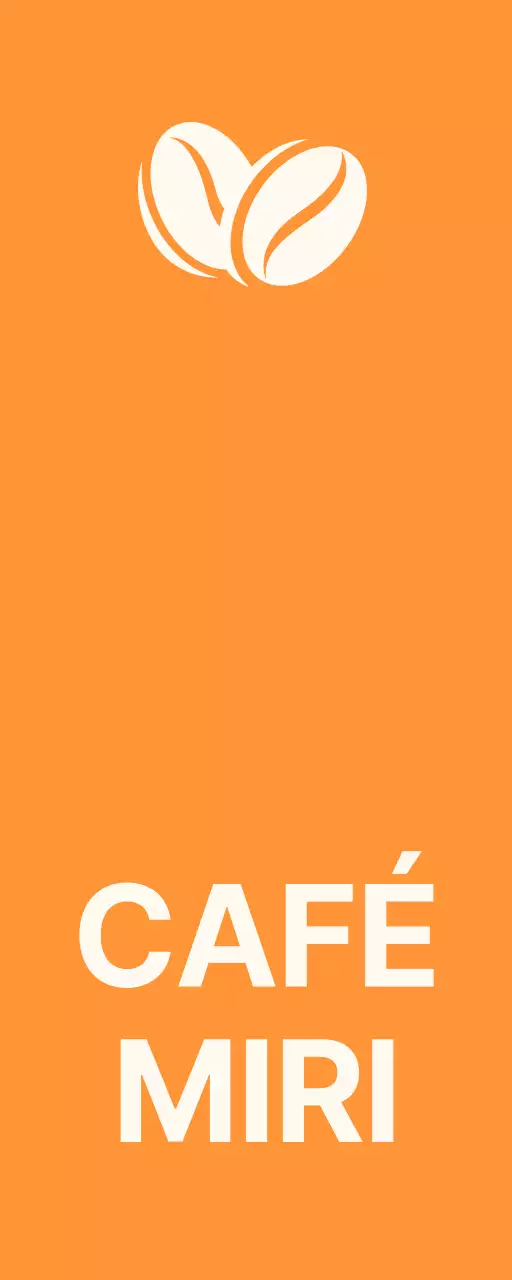 Enseigne simple sur la devanture du magasin avec un texte Miricafe orange-noir-et-blanc et des illustrations de haricots.